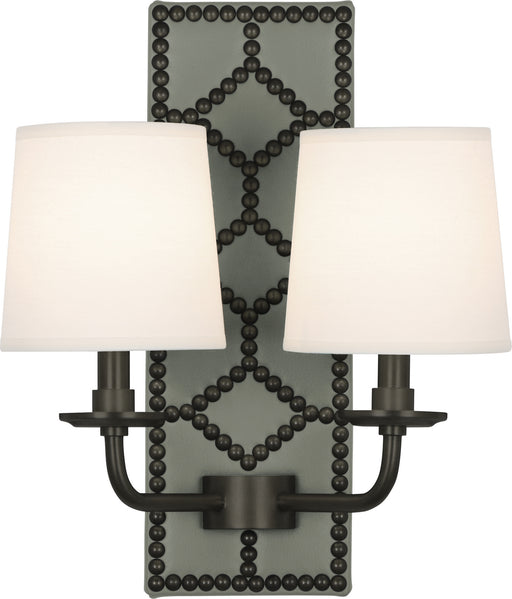 Robert Abbey - Z1034 - Two Light Wall Sconce - Williamsburg Lightfoot - Backplate Upholstered in Carter Gray Leather w/ Nailhead Detail/Deep Patina Bronze