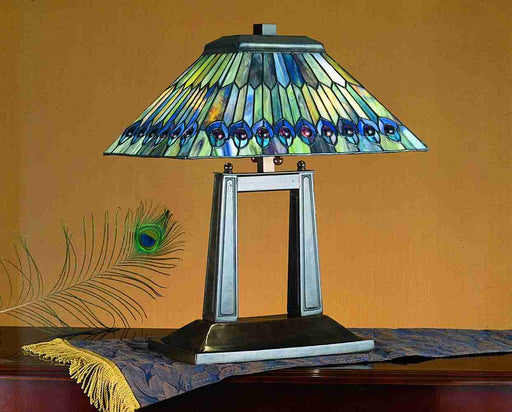 Meyda Tiffany - 26300 - Two Light Table Lamp - Tiffany Jeweled Peacock - Antique Copper