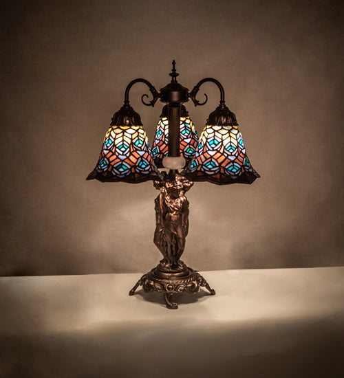 Meyda Tiffany - 245482 - Three Light Table Lamp - Tiffany Peacock Feather - Mahogany Bronze
