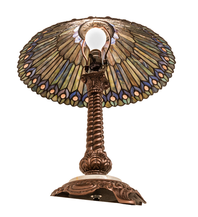 Meyda Tiffany - 251928 - One Light Table Lamp - Tiffany Jeweled Peacock - Mahogany Bronze